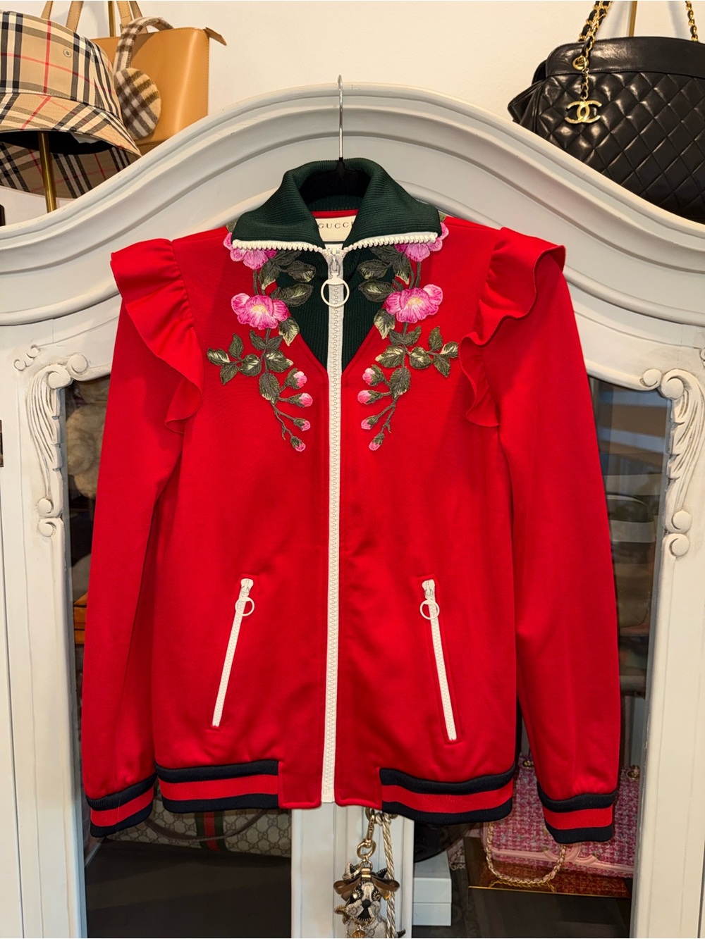 Gucci Red Floral Ruffle-Shoulder Bomber Jacket with Green Collar
